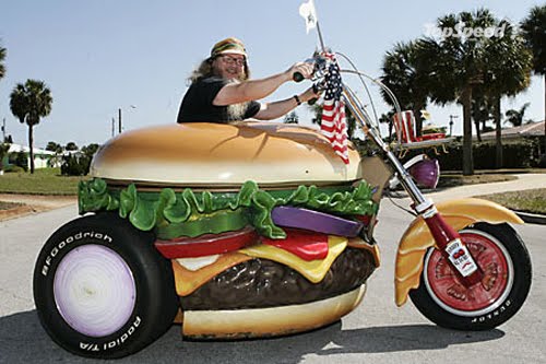 Hamburger harry riding burger bike
